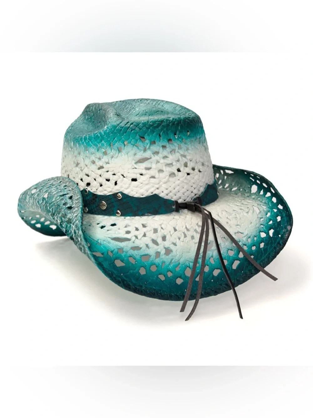 S/M Nu Shuz Key West Aqua Blue Green Ombre Concho Band Woven Straw Cowboy Hat